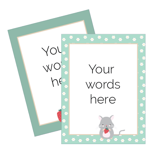 Two customizable classroom signs with a mouse and strawberry design on a white background