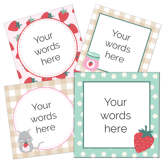 Four customisable classroom labels with different designs and text placeholders.