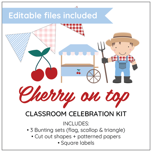 Cherry On Top classroom theme header tile with farmer, market stand and cherries.
