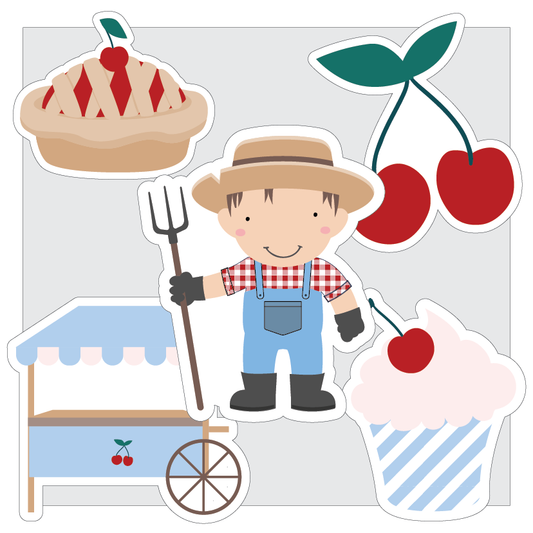 A set of colorful printable cut-out shapes featuring a cartoonish character with a strawberry on his hat, a pie, a cupcake, a cherry, and a blue and white striped cup. The background is plain white.