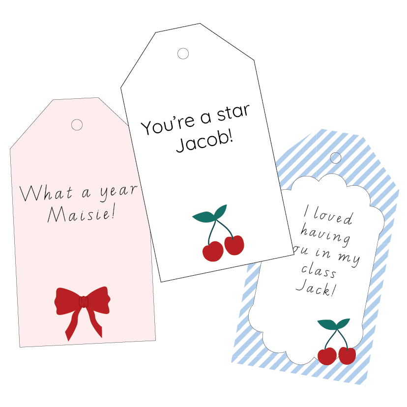 Three decorative gift tags with personalised messages and designs on a white background.
