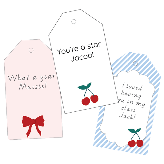 Three decorative gift tags with personalised messages and designs on a white background.
