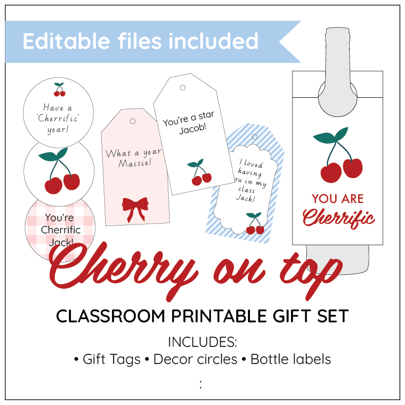 Classroom printable gift set with cherry-themed tags and decor circles on a white background.