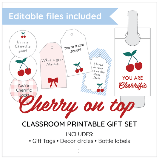 Classroom printable gift set with cherry-themed tags and decor circles on a white background.