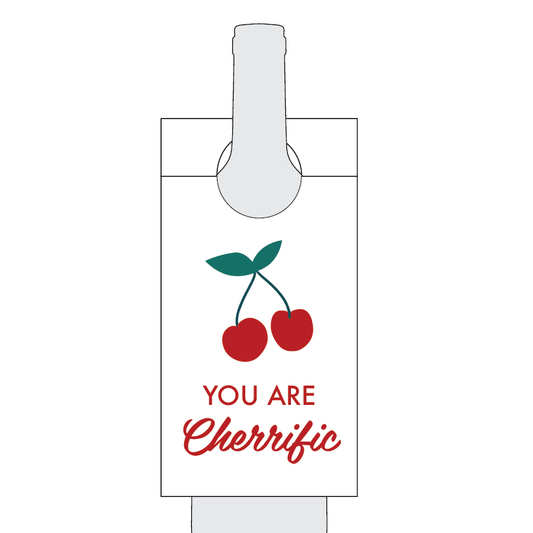 White sock with red cherries and text 'YOU ARE Cherrific' on a white background