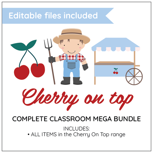 Promotional graphic for 'Cherry on Top' classroom mega bundle with a cartoon farmer and cherry elements.