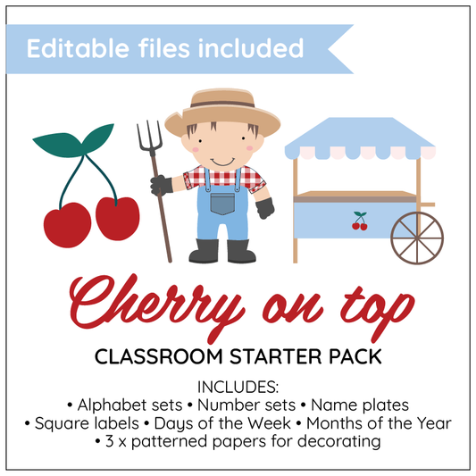 Classroom starter pack with a farmer character, cherry theme, and editable files included.