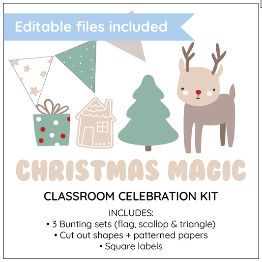 Christmas-themed classroom celebration kit with reindeer, trees, and bunting on a white background.
