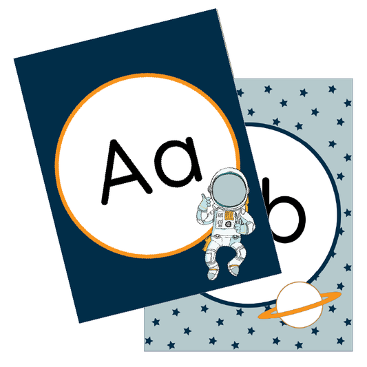 Two educational posters featuring the letter 'A' with an astronaut and the letter 'B' with a space theme.
