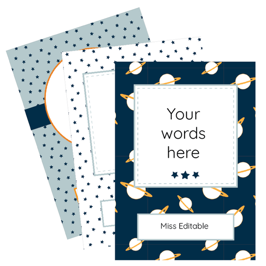 Classroom Book Covers with space-themed patterns and customisable text boxes on a white background.