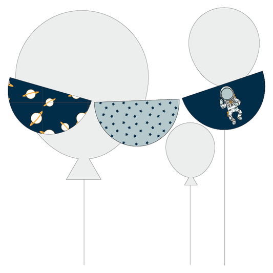 Decorative scalloped bunitng with space-themed designs on a white background