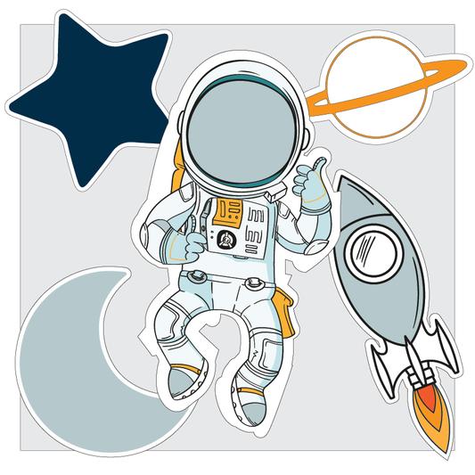 Illustration of an astronaut with space-themed classroom elements on a light grey background