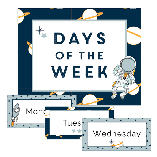 Educational posters with 'Days of the Week' and space-themed design