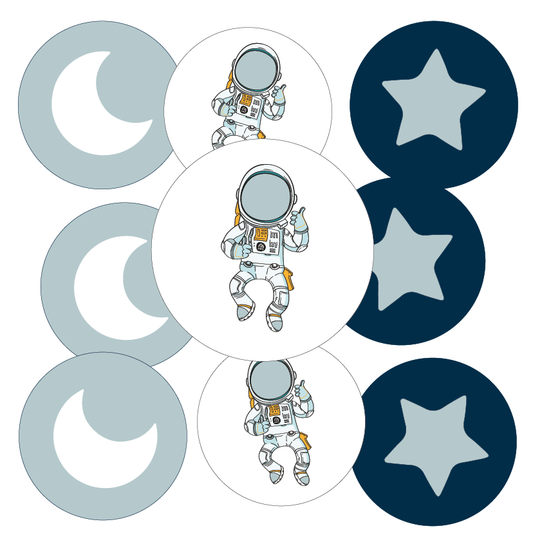Illustrations of astronauts, stars and moon on a white background