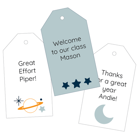 Three personalised tags in space theme with different messages and designs on a white background