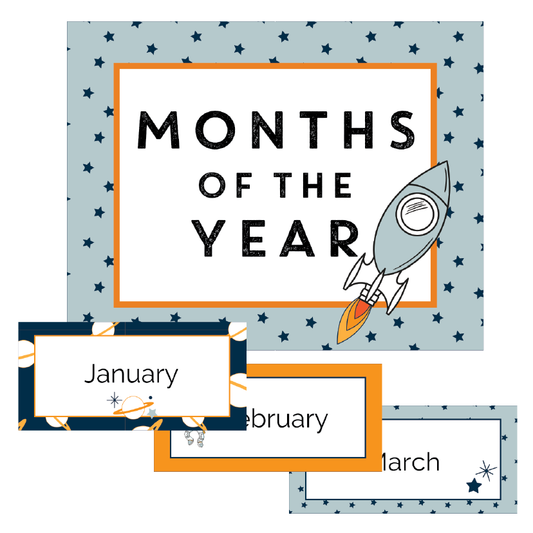 Educational poster with months of the year and a rocket illustration on a blue starry background.