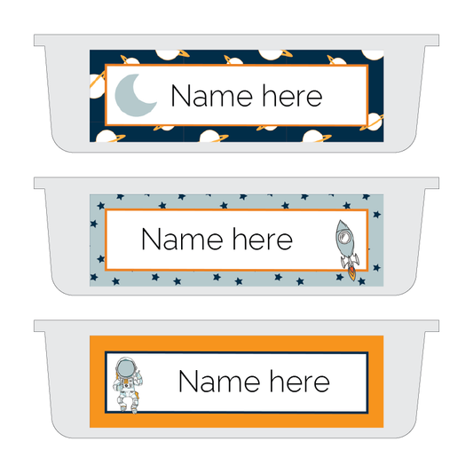 Three name label templates with space-themed designs on a white background.