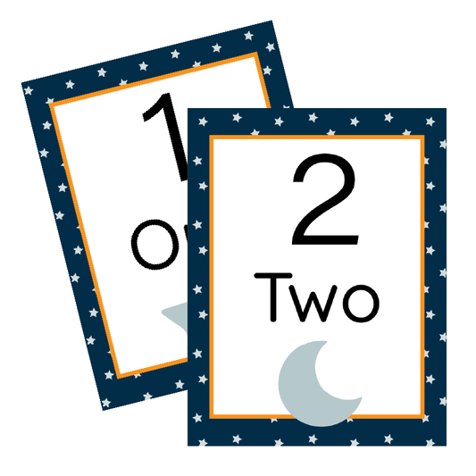 Two educational cards in a space theme with numbers and text on a white background