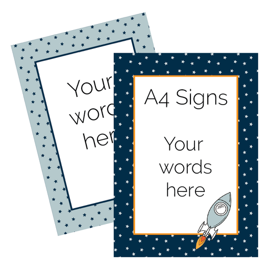 Two A4 signs with star patterns and customisable text areas on a white background.