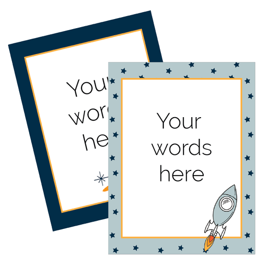 Two customisable printables with rocket ship design on a white background