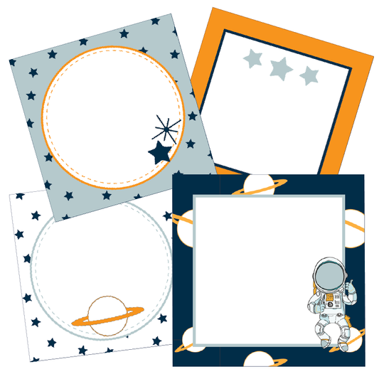 Set of space-themed cards with astronauts, planets, and stars on a white background.
