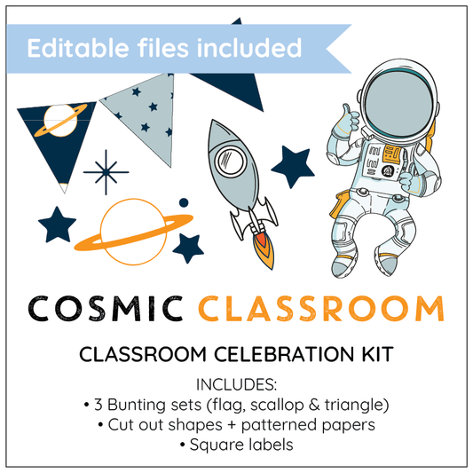 Cosmic Classroom celebration kit with space-themed decorations on a white background