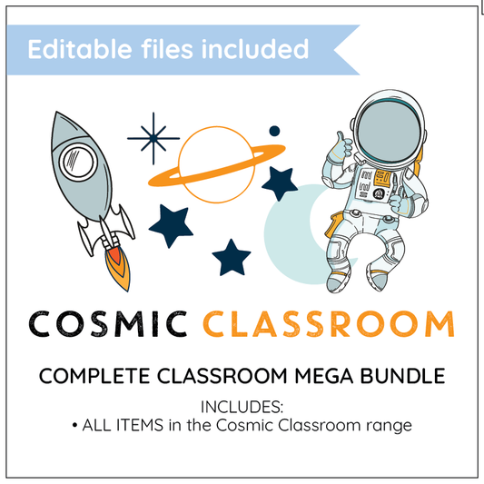Promotional graphic for 'Cosmic Classroom' complete classroom mega bundle with space-themed illustrations.