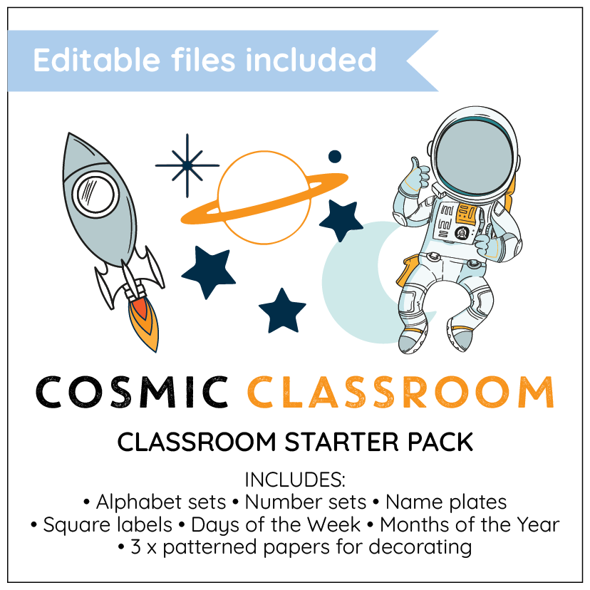 Cosmic Classroom starter pack with astronaut, rocket, and space-themed elements on a white background.