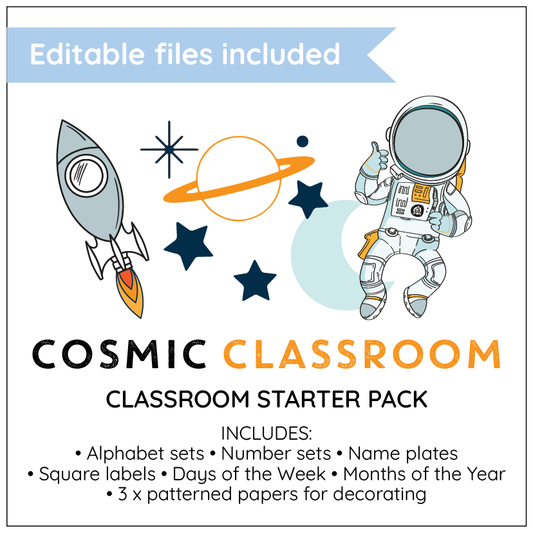 Cosmic Classroom starter pack with astronaut, rocket, and space-themed elements on a white background.