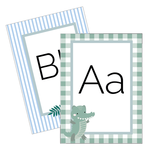 A set of printable alphabet cards with crocodile illustrations, featuring upper and lower case letters, in a green and white striped pattern.