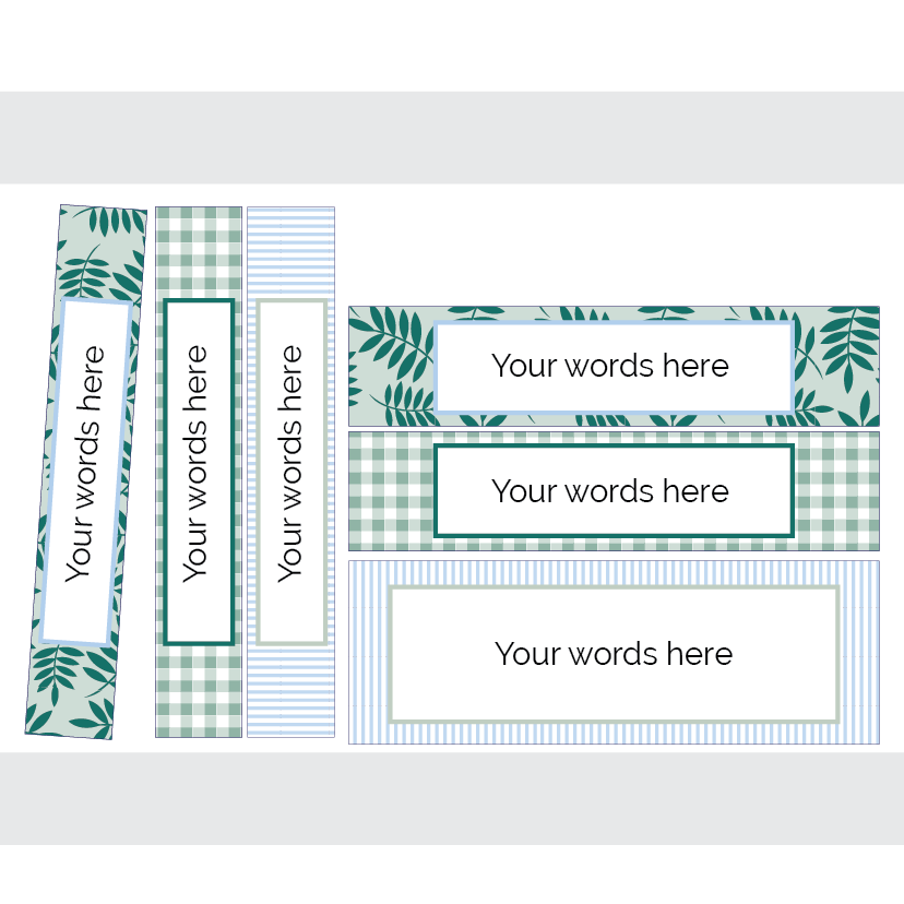A set of binder labels with a crocodile pattern and various texts options for personalization, displayed against a white background.