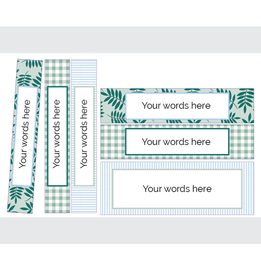 A set of binder labels with a crocodile pattern and various texts options for personalization, displayed against a white background.