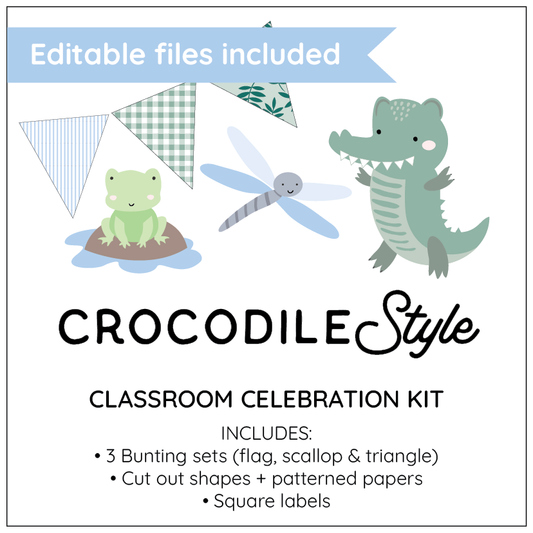 Classroom celebration kit with crocodile, frog, and dragonfly graphics and 'Crocodile Style' branding.
