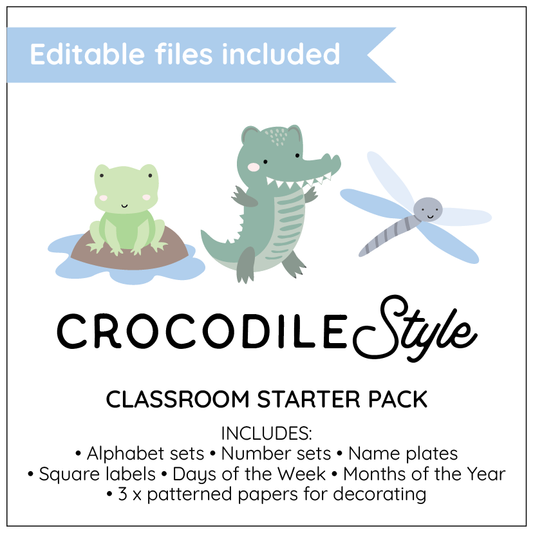 Crocodile Style classroom starter pack with editable files and illustrations of a frog, crocodile, and dragonfly.