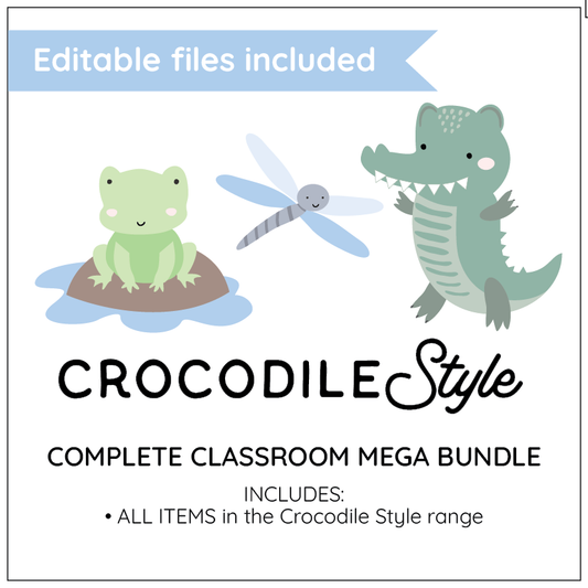 Promotional graphic for 'Crocodile Style' classroom mega bundle with cartoon crocodile, frog, and dragonfly.