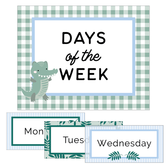 A set of printable bulletin board cards with a green and blue checkered pattern and a crocodile illustration. The cards display the days of the week in order from Monday to Saturday.
