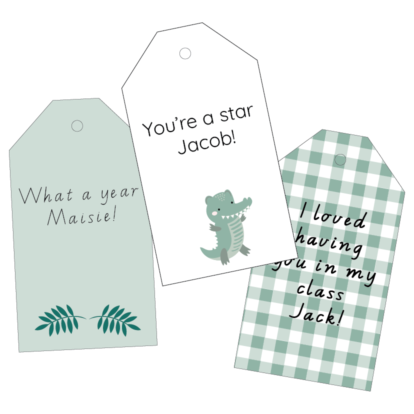 Three green gift tags with personalized messages on a white background