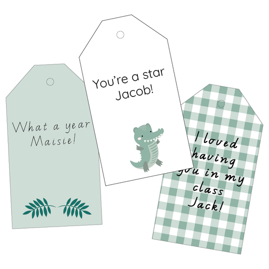 Three green gift tags with personalized messages on a white background