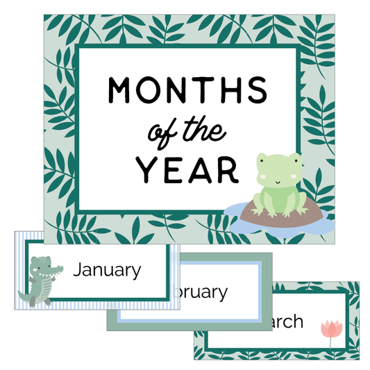 Printable Months of the Year chart with a green and blue background, featuring a cute crocodile on the January card, a frog on the February card, and so on, until the year is complete.