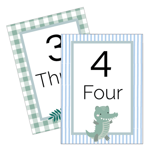 A set of printable number cards with a crocodile design, featuring numbers 0-10, in a gingham and striped pattern on a white background.