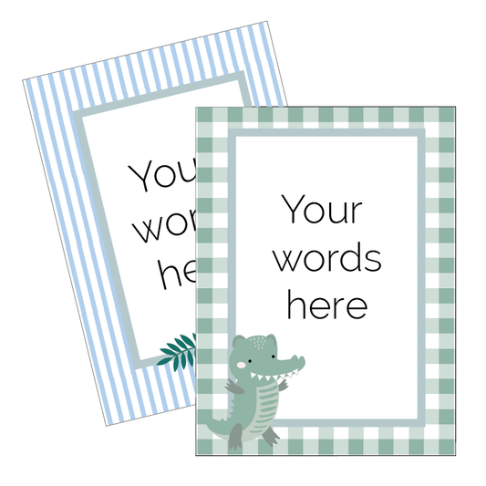 Two customizable cards with alligator  or crocodile design and text placeholder on a white background