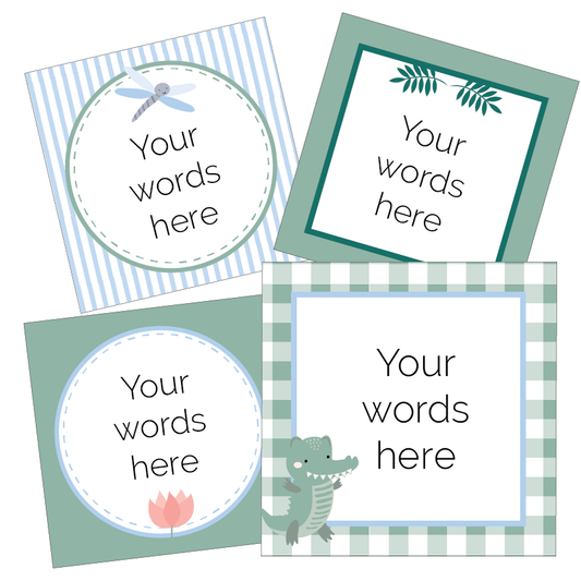 A set of six square labels with various designs including a crocodile, a frog, a dragonfly, a flower, and a jungle leaf, and placeholders for words.