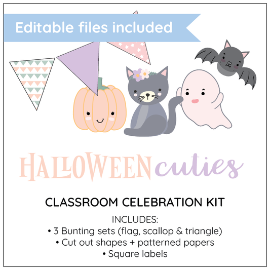 Halloween-themed classroom celebration kit with cute illustrations of a cat, pumpkin, and ghost on a white background.