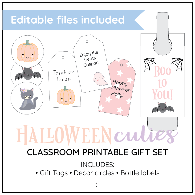 Halloween-themed classroom printable gift set with editable files, including gift tags, decor circles, and bottle labels.