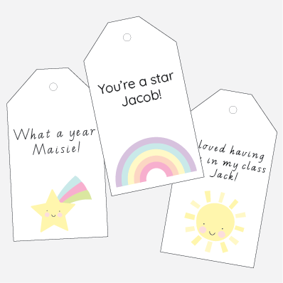 Gift tags with rainbow, star, and sun designs on a white background