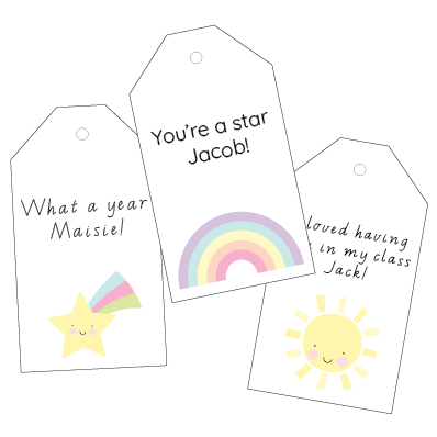 Three personalized gift tags with rainbow, star, and sun designs on a white background.