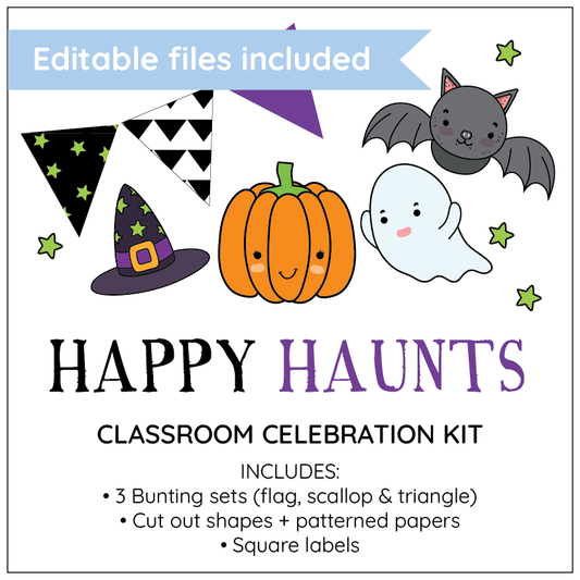 Halloween-themed classroom celebration kit with editable files included, featuring a witch hat, pumpkin, ghost, and bat.