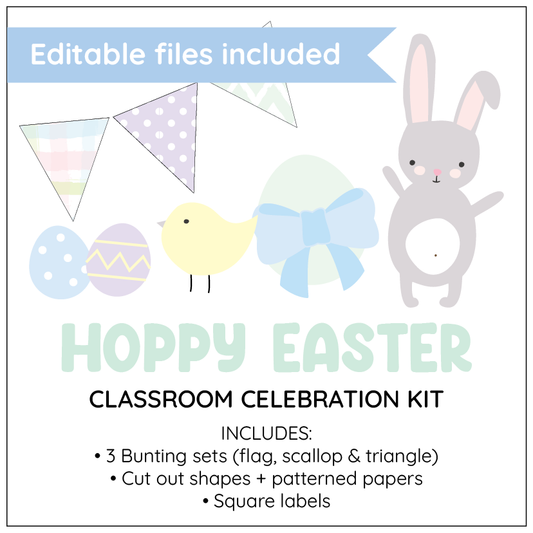 Hoppy Easter classroom celebration kit with bunny, eggs, and bunting on a white background