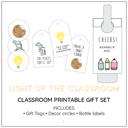 Classroom printable gift set with gift tags, decor circles, and bottle labels on a white background.