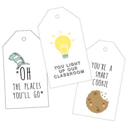 Three educational-themed gift tags with quotes and graphics on a white background.